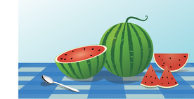 蓝色格子桌布上的大西瓜