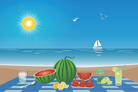 沙滩西瓜柠檬冰水饮料