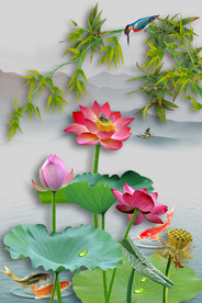 原创玄关高清荷花竹子翠鸟装饰画