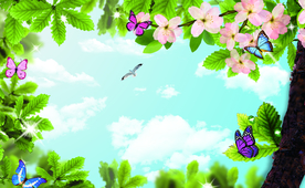 春天绿色清新树叶蓝天白云背景