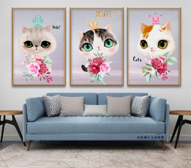 卡通手绘猫咪花朵无框画