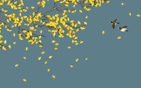 原创手绘银杏花鸟壁画