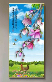 原创高清玄关玉兰母鸡装饰画