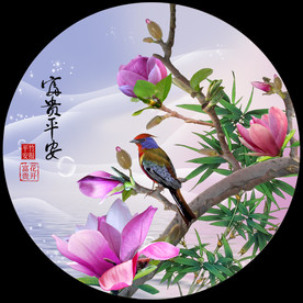 原创高清玉兰竹子花鸟装饰画