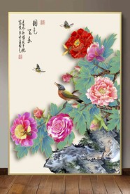 原创玄关高清手绘牡丹花鸟装饰画