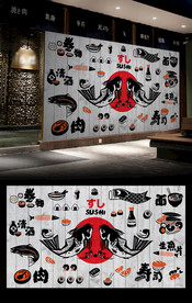 手绘日本料理背景墙