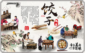 中式花鸟饺子美食工装背景墙