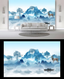 山水麋鹿电视背景墙
