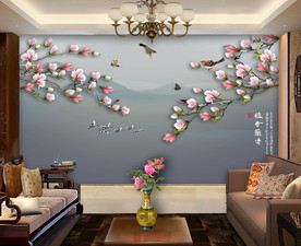 原创玉兰花鸟雅啥兰香背景墙壁画