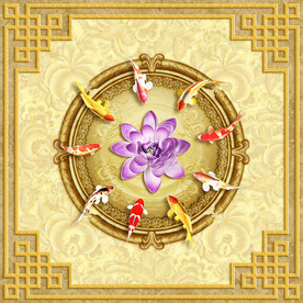 九鱼戏荷新中式吊顶壁画