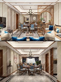 新中式餐厅设计模型效果图