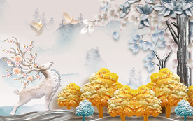 麋鹿发财树北欧简约浮雕背景墙