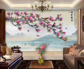 原创高清玉兰花鸟装饰画背景墙