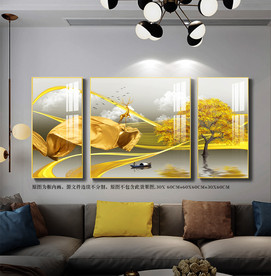 新中式发财树小鹿飞鸟晶瓷三联画