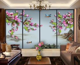 原创高清玉兰花鸟装饰画背景墙