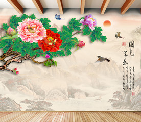 原创高清手绘牡丹花鸟装饰画背景