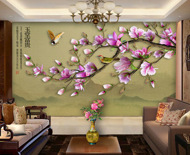 原创高清玉兰花鸟装饰画背景墙