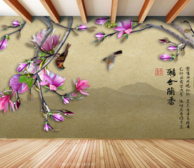 原创高清玉兰花鸟装饰画背景墙