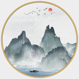 圆形山水画圆形装饰画金色山水