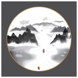 圆形小品流水行舟新中式水墨装饰