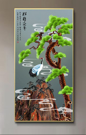 原创玄关手绘迎客松仙鹤装饰画