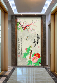 原创玄关梅花牡丹喜鹊装饰画壁画