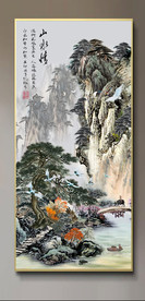 原创玄关水墨山水迎客松背景墙