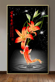原创玄关手绘鲤鱼郁金花装饰画