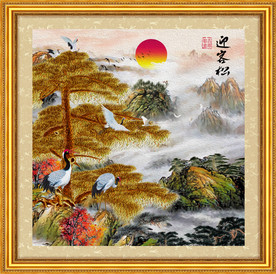 原创迎客松仙鹤装饰山水画