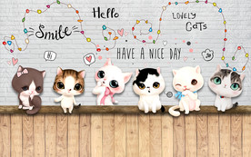 可爱卡通猫咪白砖墙背景墙