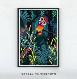 手绘森林猫头鹰插画装饰画