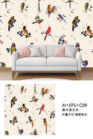 中国风鸟插画电视背景墙壁纸