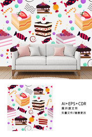 蛋糕糖果插画电视背景墙壁纸