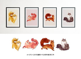 手绘动物猫插画装饰画