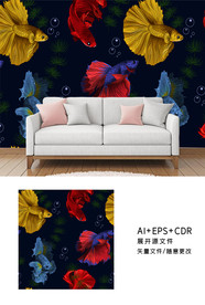 鱼插画电视背景墙壁纸