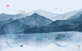 新中式水墨山水画上善若水壁画图