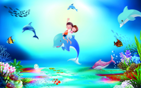 卡通海底世界儿童房背景墙