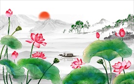 荷花水墨画背景墙