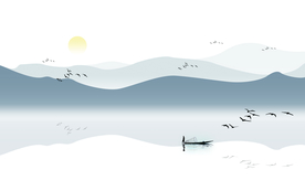 新中式山水壁画 船 人 太阳