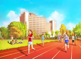 手绘南京城市大学跑道美景素材