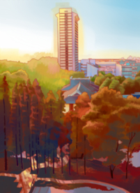 手绘南京秋色晚霞美景