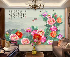 原创手绘牡丹装饰画背景墙