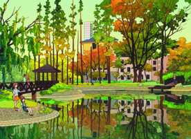 手绘南京四季西潭美景