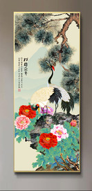 原创玄关仙鹤松树牡丹装饰画