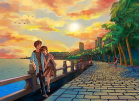 手绘珠海早晨美景素材