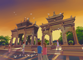 手绘珠海城市梅溪牌坊素材