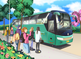 手绘 重点名牌大学公交车素材