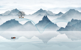 新中式飘带麋鹿发财树背景墙