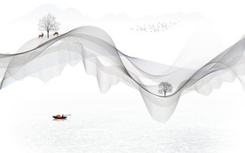 新中式飘带麋鹿轻舟电视背景墙