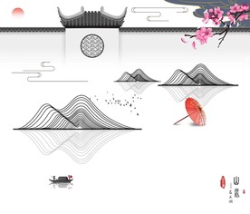 新中式水墨山水画上善若水壁画图